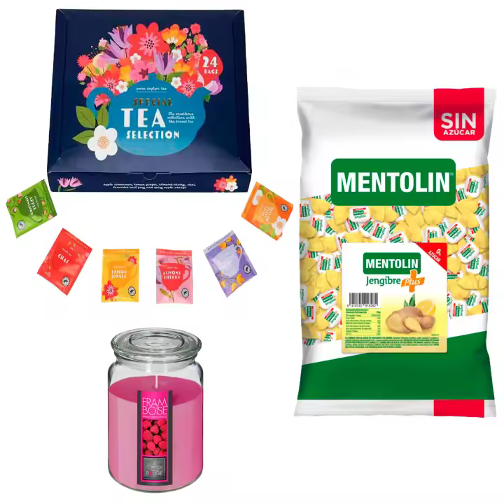 Pack Balsámico: MENTOLIN PLUS JENGIBRE S/A BOLSA 1KG + Vela perfumada de frambuesa + Set de Te con 24 bolsitas con diferentes sabores y aromas - 1