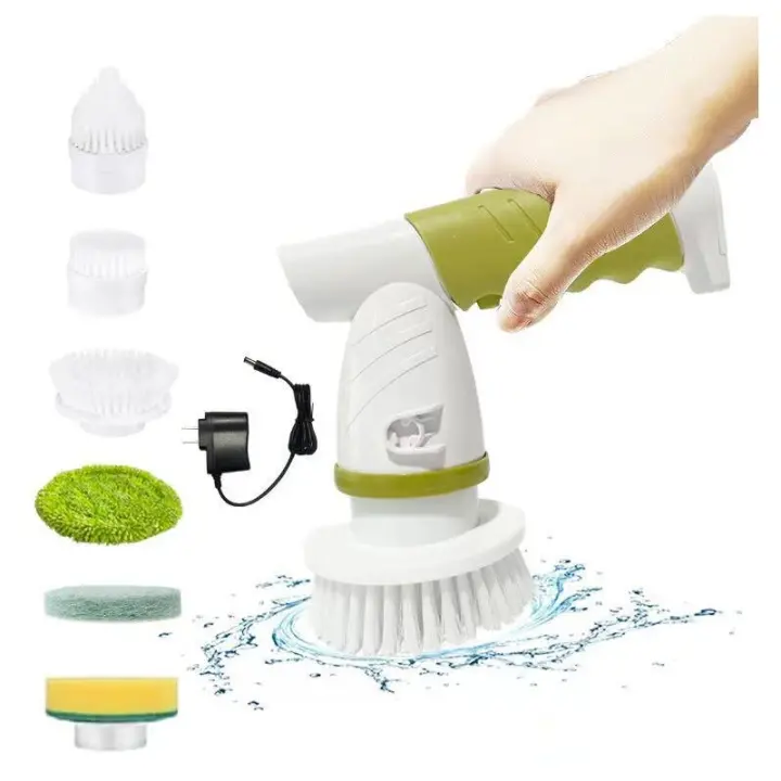 Cepillo de limpieza eléctrico inalámbrico, cepillo de limpieza de baño con 7 cabezales de cepillo intercambiables (verde) - 1