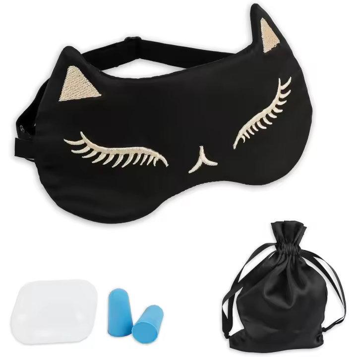 Masque de Sommeil,  Confortable Doux en Soie Naturelle Occultant Chat Masque de Nuit avec Bouchons d'oreille et Sangle Réglable, Sleeping Mask pour Femmes et Hommes Voyage Sieste Noir - 1