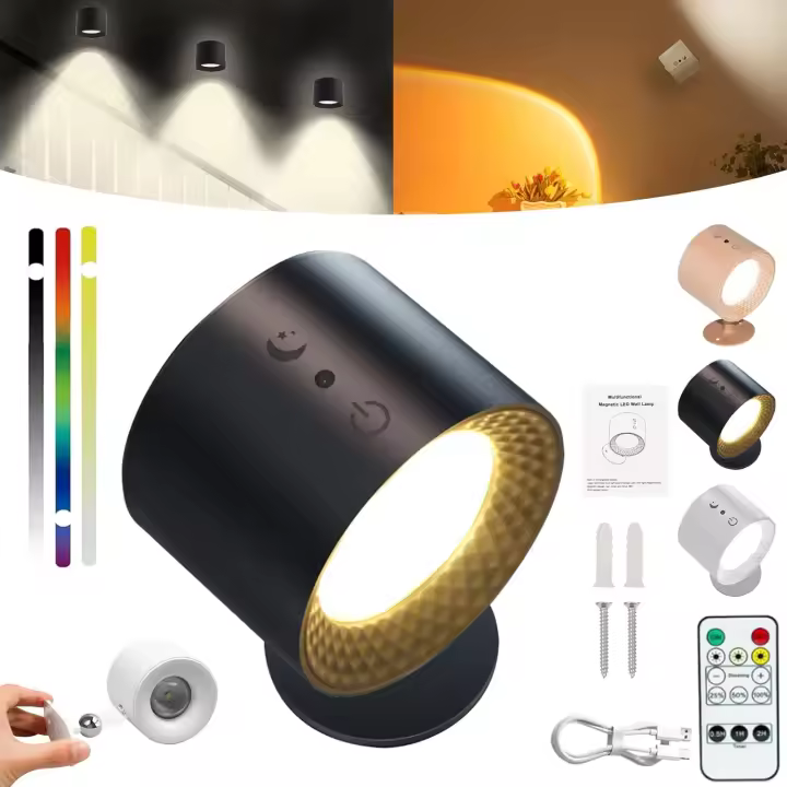 Luces, luces de pared magnéticas con rotación de 360°, luces de pared con 3 temperaturas de color para dormitorio, luces de noche enchufables, luces de pared recargables con luz ajustable de 7 colores (negro, 3 piezas) - 1