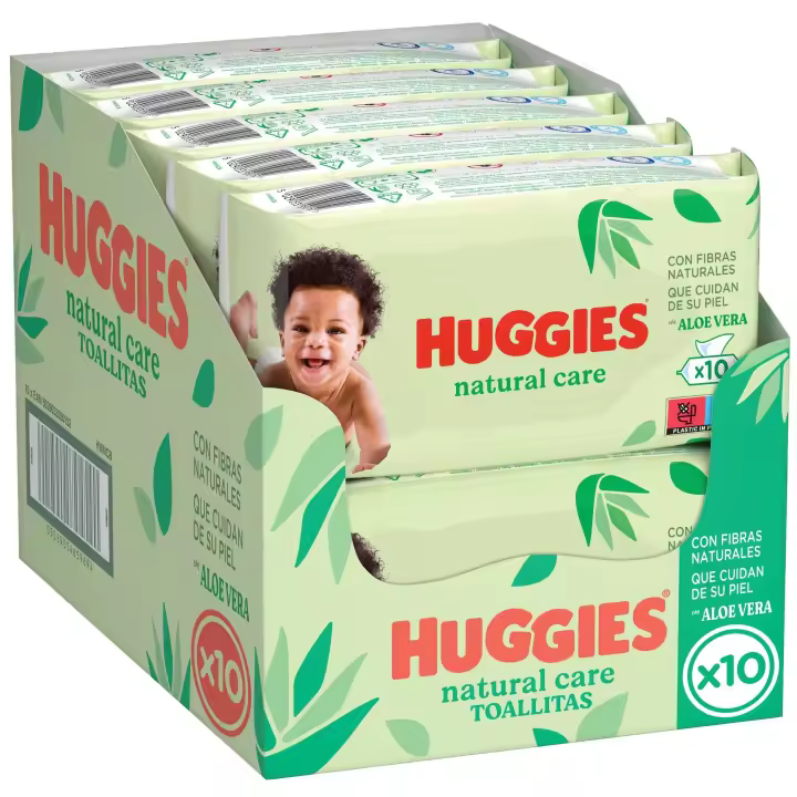 Huggies Natural Care Toallitas 99% Agua y con Aloe Vera, 560 Toallitas (10 packs de 56 Toallitas). Suaves Fibras Naturales de Origen Vegetal, Hipoalergénicas, Sin Parabenos, Calman y Reconfortan la Piel. - 1