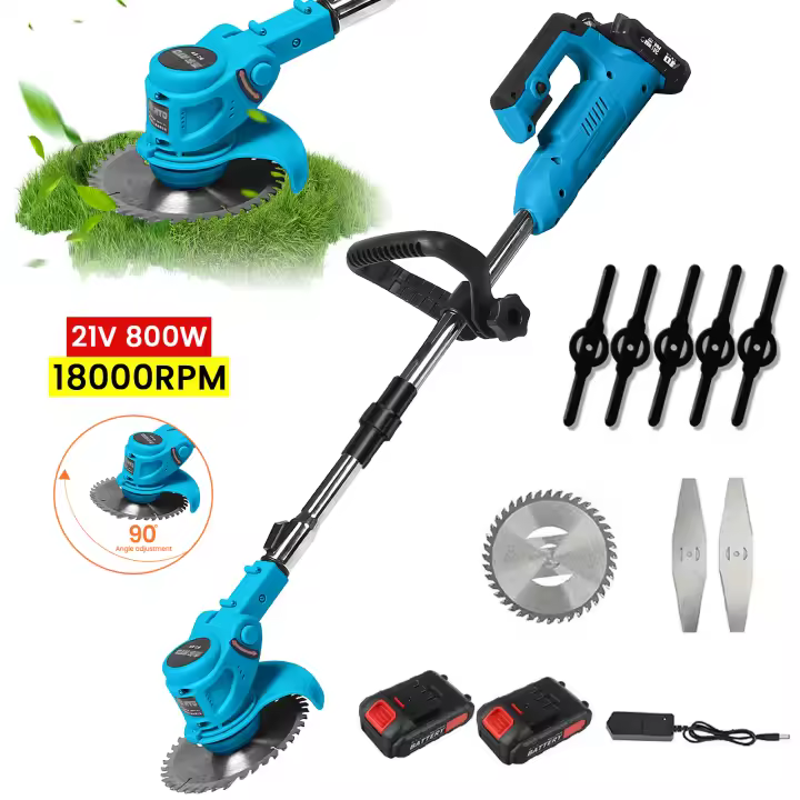 800W Cortacésped eléctrico de mano, recortador de hierba inalámbrico de 21V y 1300mAh, longitud ajustable, herramientas de jardín para batería Makita de 21V.Con dos baterías,Barra telescópica ajustable - 1