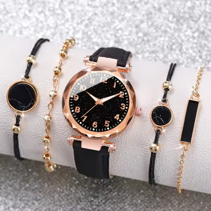 Set De 5 Relojes Para Mujer Con Pulseras Estilo Cielo Estrellado Bisel De Lujo Cuero Malla Acero Inoxidable Moda Casual - 1