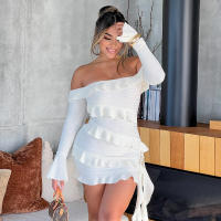 Vestido Elegante De Mujer Estilo Europeo Nueva Colección Otoño Color Sólido Un Hombro Manga Larga Con Splice De Madera Al Borde Sash - details 0