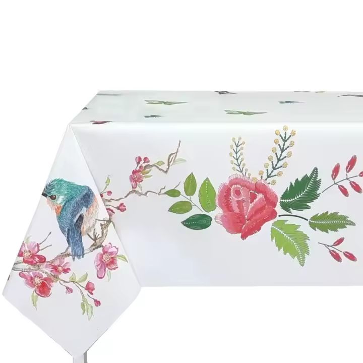 Mantel antimancha digital, Mantel lavable y impermeable, Caída decorativa, Para mesa rectangular, Tela algodón, Ideal para hogar y decoración,Fondo blanca marfil , Estilo moderno, Hojas, Flores, Pájaros，Ancho 137cm,DM174 - 1