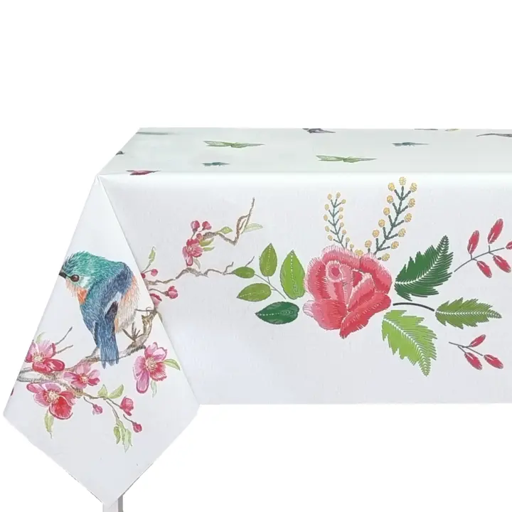 Mantel antimancha digital, Mantel lavable y impermeable, Caída decorativa, Para mesa rectangular, Tela algodón, Ideal para hogar y decoración,Fondo blanca marfil , Estilo moderno, Hojas, Flores, Pájaros，Ancho 137cm,DM174 - 1