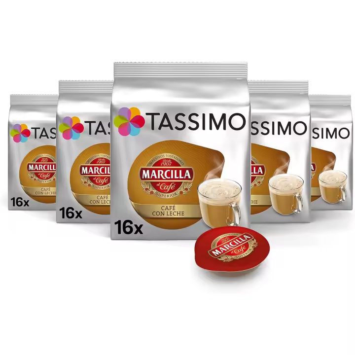 Capsulas TASSIMO MARCILLA Cafe con leche - 5 paquetes de 16 capsulas - 1