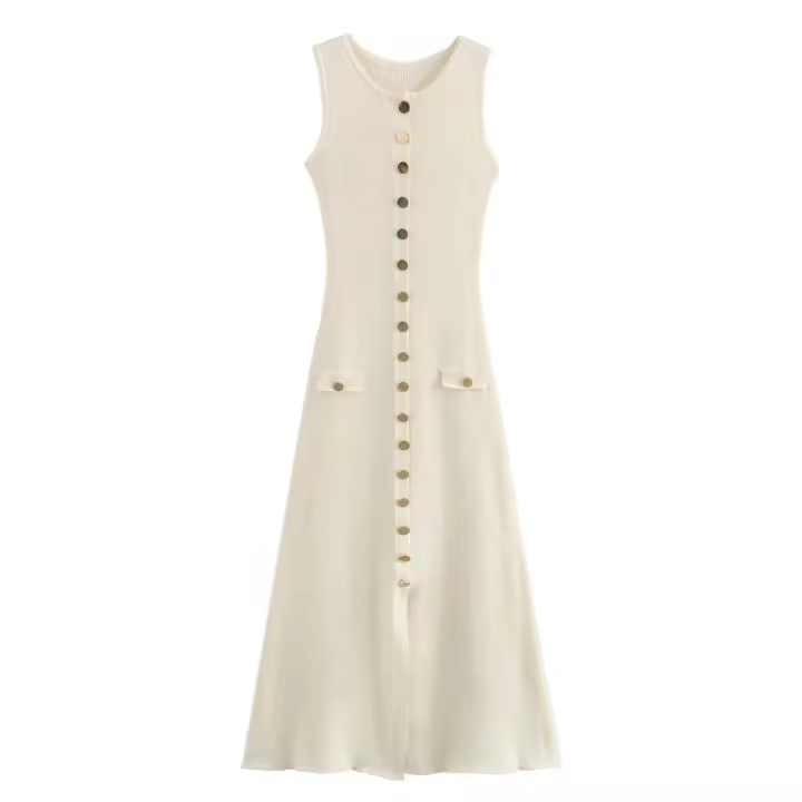 Vestido Elegante Para Mujer TRAFZA De Punto Sólido Con Cuello Redondo Sin Mangas Slim Midi Con Bolsillos Para Oficina Estilo Lady - 1