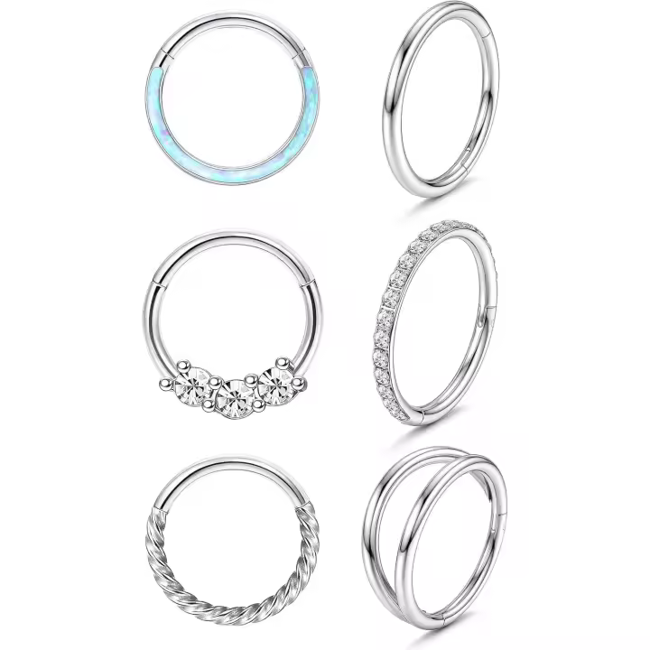 6 Pcs 16G Anillos Nariz Ano Arce Inoxidizable Ópalo CZ Sola Fila Doble Tabique Clicker Hélice Cartílago Torre Tragus Concha Pendientes - 1