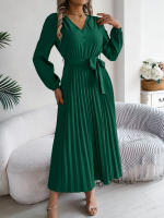 Vestido Elegante De Mujer Con Botones Y Cuello En V Manga Larga Plegado Con Cierre De Lazo Estilo Casual A-Line Para Primavera/Otoño - details 20