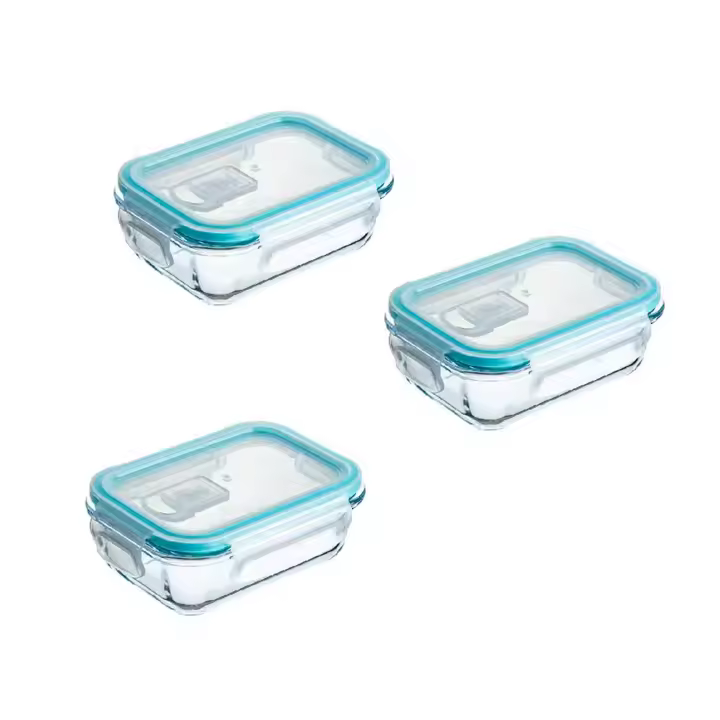 Set de 3 y 4 Recipientes Herméticos de Vidrio Borosilicato - Fiambreras Rectangulares 375cc a 1500cc - Válvula para Microondas - Apto Horno, Microondas, Lavavajillas y Congelador - Resistente a Altas y Bajas Temperaturas - 1