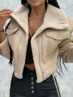 Chaqueta Motera De Cuero Sintético Para Mujer Con Cuello Acordonado De Peluche Vintage Chaqueta Moto Caliente De Invierno Outerwear - details 6