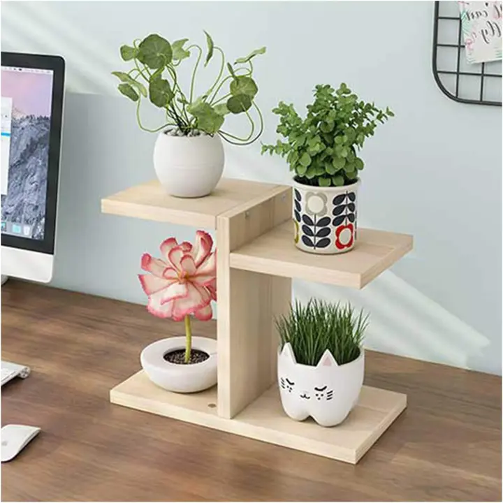 Soporte de planta de escritorio, macetas suculentas, estante de flores de madera de escritorio de 3 niveles, para balcón y dormitorio (Color:Beige Desktop Flower Stand) - 1