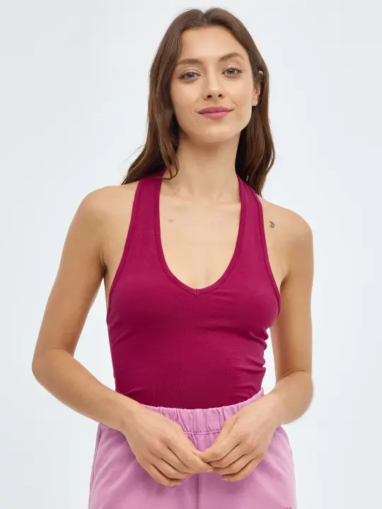 Crop top slim sin mangas y escote de pico anudado en el cuello INSIDE - 1