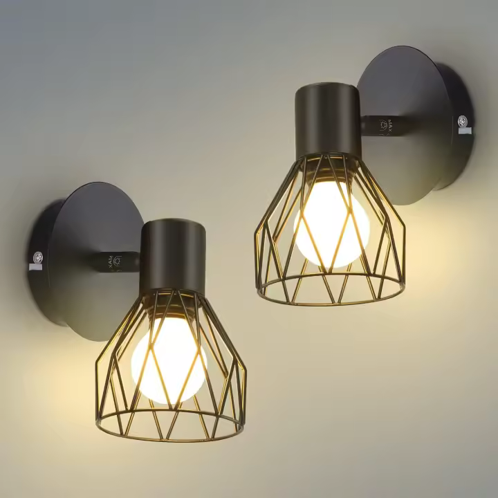 Lámpara de pared interior, lámpara de pared vintage, enchufe E14, giro de 350 ° y giro de 90 °, foco de pared, 40W máx. Apliques negros industriales para salas de estar, dormitorios, pasillo, escaleras, Juego de 2 [Clase energética A +] - 1