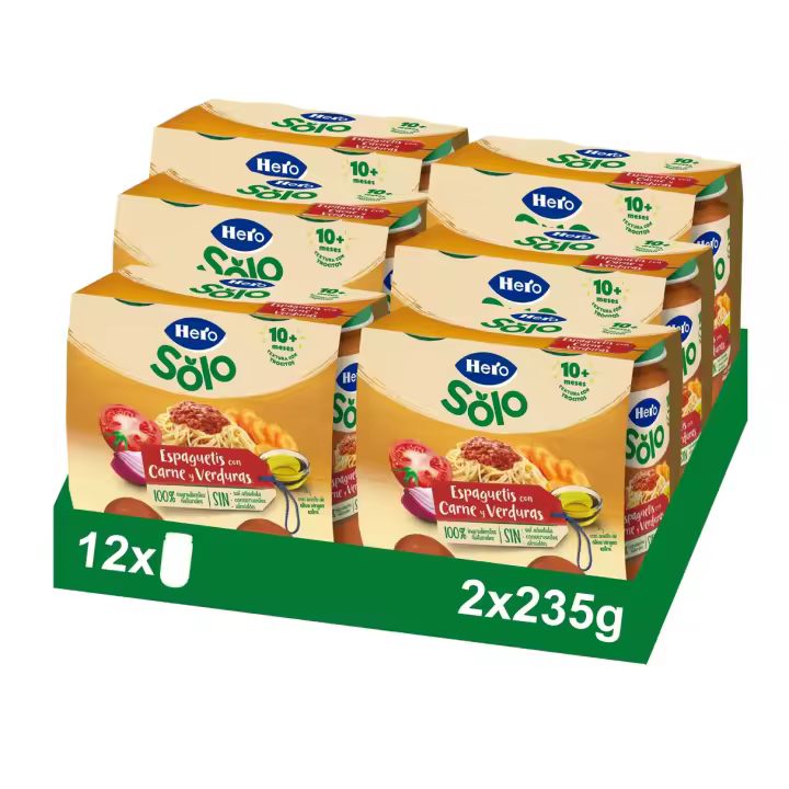 Hero Baby Pack Tarritos Trocitos Espaguetis con Carne y Verduras. Para Bebés de a Partir de 10 meses. 6 Bipacks de 3x235gr - 1
