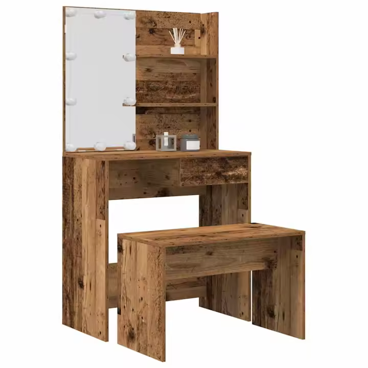 vidaXL Juego de tocador con LED madera contrachapada madera vieja - 1