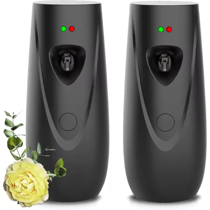 Ambientador automático con juego de 2 piezas - para montaje en pared o sobremesa - negro - con fragancia regulable e indicador LED - para difusores de habitación/baño - 1