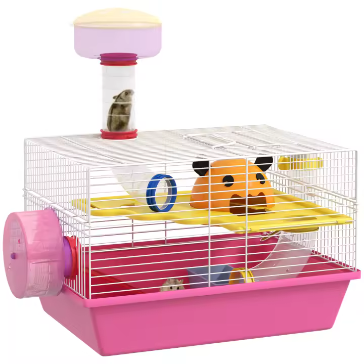 PawHut Jaula para Hámster Casa para Animales Pequeños con Cuenco Bebedero Rueda de Ejercicio Torre de Observación y Casita 34x27x25 cm Rosa - 1