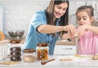 Recipiente de vidrio para almacenar alimentos con tapas de madera de acacia con sello hermético Recipiente de vidrio transparente para café, té, especias, azúcar, galletas, nueces, bocadillos y dulces - details 3