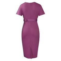 Vestido Elegante Para Oficina Para Mujer Con Cuello En V Manga Corta Cinturón Ajustado Recto Midi Formal Ropa De Negocios Para Mujer - details 41