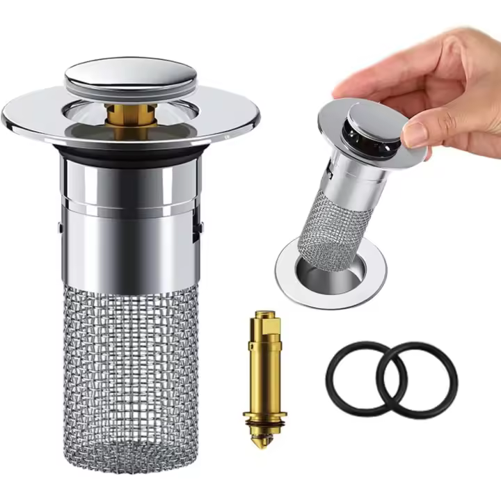 Colector de pelo para fregadero de baño y tapón de drenaje emergente – Colador de cesta de acero inoxidable de primera calidad, evita obstrucciones y atrapa el cabello (2 piezas) - 1