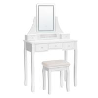 Tocador con espejo LED, 3 colores de luz led y brillo ajustable, taburete acolchado incluido, 5 cajones y organizador extraíble - details 1