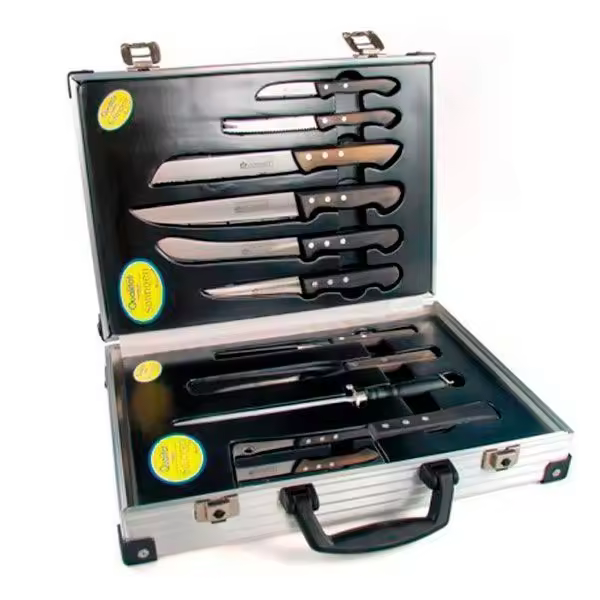 Crc Set de 9 Cuchillos de Cocina Profesional y Chaira con Maletín | Acero Inoxidable y Mango de Madera Clásico SYBARITE | Alta Calidad - 1
