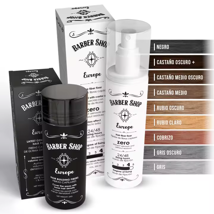 Barber Shop Europe - Kit Fibras Capilares + Fijador - Contiene Fibra Capilar - Fijador Fibra Capilar - Relleno Capilar Instantaneo -  - Hair Fibers - Polvos Pelo - 1