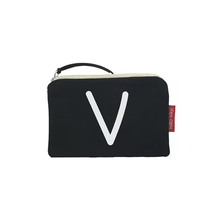Hello-Bags. Bolso Monedero / Billetero / Tarjetero con cremallera y forro interior. Exterior: Algodón 100%. Incluye sobre kraft de regalo. Modelo: "V". Crudo / Negro. 14x10 cm. - 1