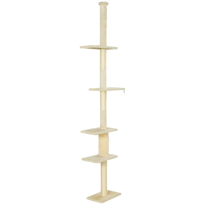 PawHut Árbol para Gatos de Suelo a Techo 225-275 cm Árbol Rascador para Gatos Torre para Gatos con Múltiples Plataformas Sistema de Antivuelco - 1