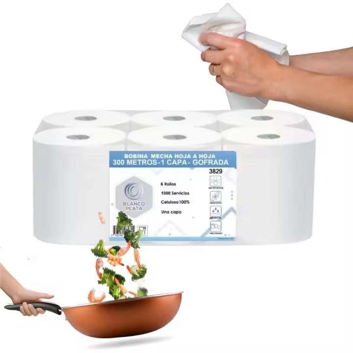 Bobina Papel Secamanos Mecha Laminada 6 Rollos 300m 100% Celulosa Una Capa - Blanco Plata, Alta Absorción y Resistencia - Certificados Ecológicos - 1