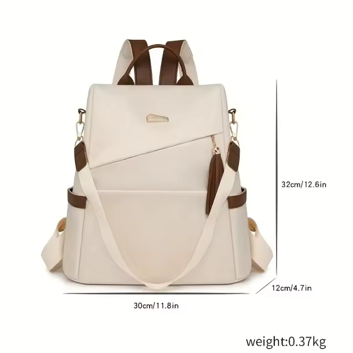 Mochila Antirrobo para Mujer - Elegant Bolso de Viaje y Comunicación de Nylon Bicolor with Correas Ajustables, Gran Capacidad, Diseño Blanco y Marrónes, Herrajes en Tono Dorado, Mochipa para Viajes - 1