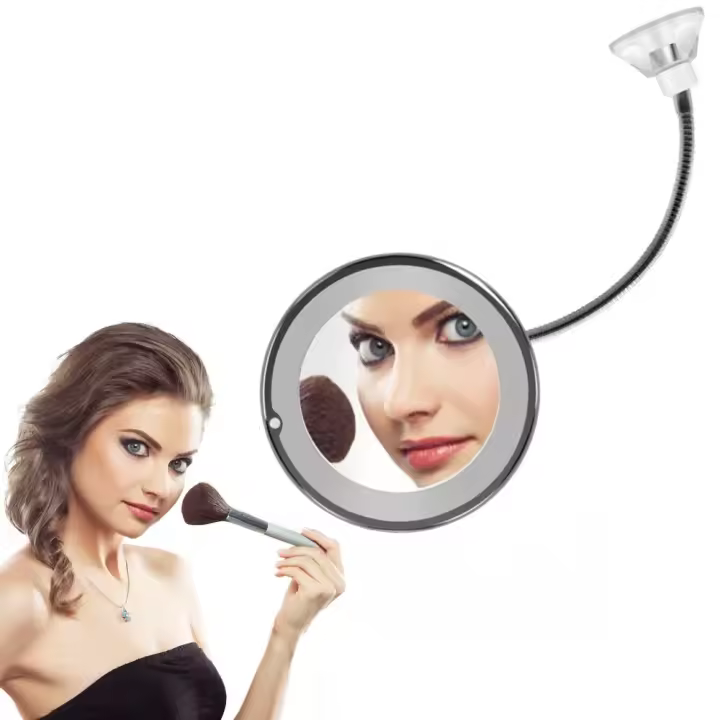 Espejo de Maquillaje con Aumento 10X de Cuello de Cisne Redondo con Luz LED, Ventosa de Sujeción, Flexible y Ajustable 360˚ Espejo de Baño para Afetitado - 1