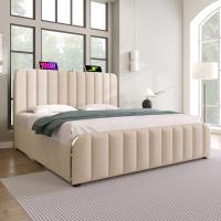 Cama tapizada Cabecero tapizado Doble with Rayas Decorativas Doradas y Carga USB Type-C 140*200 cm, material de Lino beige Cama de camping hidráulica, capacidad de carga 181 kg (sin colchón). - details 0