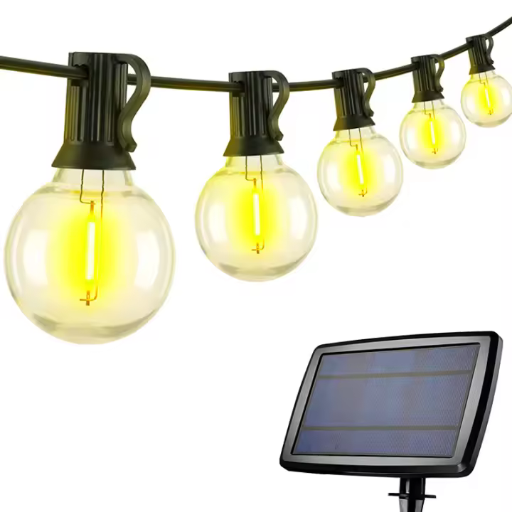 Guirnalda Luces Exterior Solares, 15.2M G40 Cadena de Luces Exterior con 25 Bombillas, 4 modos de luz IP65 Impermeable para Jardín, Balcón, Boda, Fiesta, Navidad, Blanco Cálido - 1