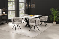 Silla de Restaurante de Lino, Juego de 4 piezas, Silla giratoria individual Brilliant de lujo para Sala de estar dormitorio, Silla giratoria de Ocio con cuatro patadas de soporte de metal, Linen beige Y Negro - details 0