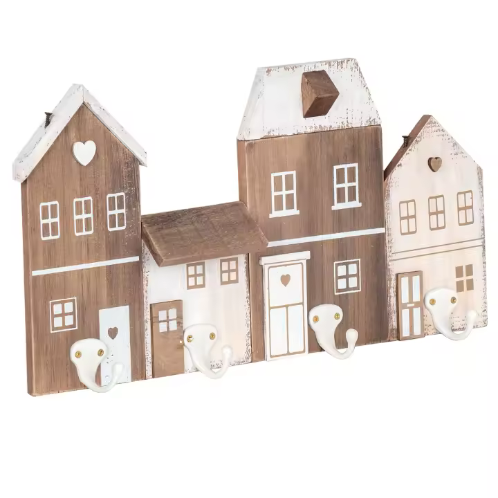 CAPRILO REGALOS & DECORACIÓN Percha Pared Decorativa de Madera y Metal "Casas 4 Ganchos". Adornos. Percheros. Regalos Originales. Decoración Hogar. 40 x 5 x 21 cm - 1