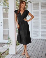 Vestido Largo Medio De Verano Para Mujer Con Manga Volante Y Cuello V Estilo Casual Suelto A-Line Sin Capucha Material Viscosa Y Poliéster - details 20