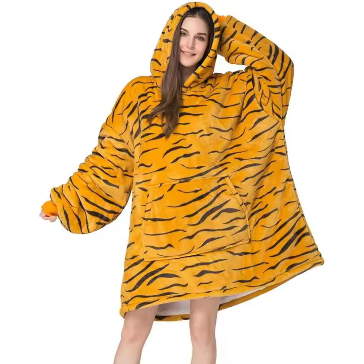 Mantas grandes y útiles, sudadera con capucha de sherpa estampada de felpa suave con bolsillos, talla única - 1