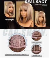 Pelucas Sintéticas Cortas Y Rectas Para Mujeres De Color Rubio a Marrón Ombre Con Flequillo Peluca Bob Resistente Al Calor Para Cosplay Diario Y Fiestas Falso Cabello Tamaño Promedio - details 2