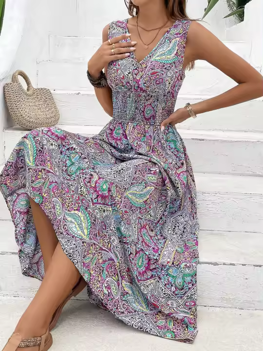 Vestido Largo De Mujer Con Cuello En V Y Estampado Moda Europea Y Americana Ajustado En La Cintura Sin Mangas Polyester - 1