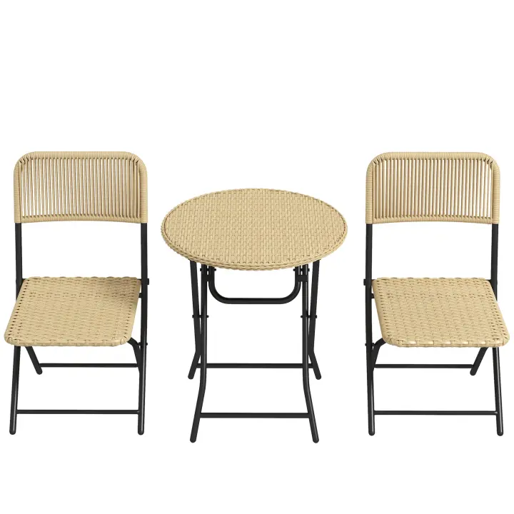 Outsunny Conjunto de Mesa y Sillas de Jardín Exterior de Ratán Juego de 3 Piezas Muebles de Jardín Plegable con 2 Sillas y 1 Mesa de Centro Redonda para Terraza Césped Balcón Natural - 1