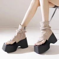 Sandalias De Verano Para Mujer Con Tacón Ancho Plataforma Cuña Cordones De Cuero Genuino Estilo Gladiador Con Corte Y Banda Delgada Botas De Tobillo Con Cordones De Anclaje - details 2