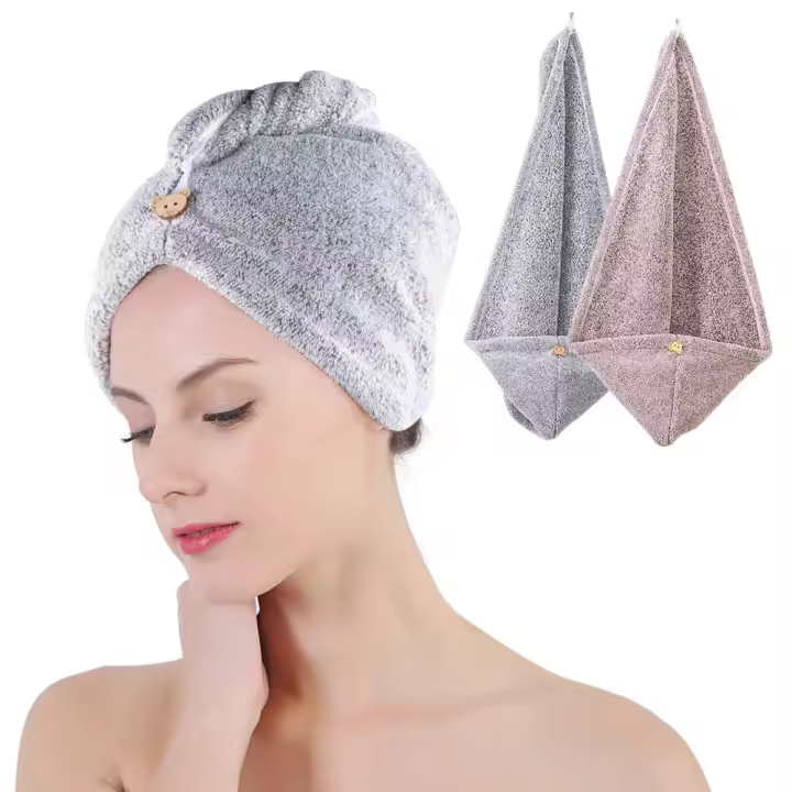 Toalla para el cabello, 2 uds. Toalla de baño de fibra de carbón de bambú, turbante para el cabello de secado rápido, trenzado de secado rápido para cabello mojado (gris y rosa) - 1