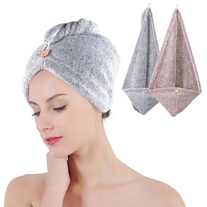 Toalla para el cabello, 2 uds. Toalla de baño de fibra de carbón de bambú, turbante para el cabello de secado rápido, trenzado de secado rápido para cabello mojado (gris y rosa) - 1