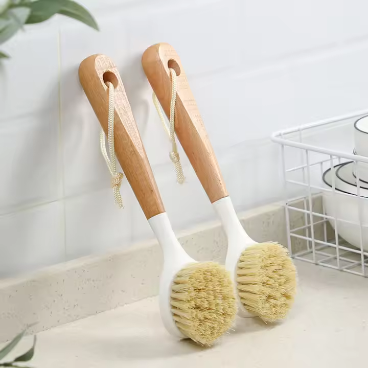 Sisal & Beech Wood Pot Scrubber Brush 25,5x6cm, 2-Pack herración de limpieza de Cocina with cuerda colcante - 1