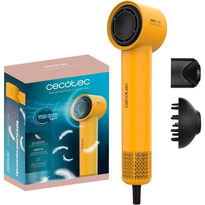 Cecotec Secador de Pelo Ionicare Rockstar Style Yellow, Secador Muy Compacto y Ligero, Motor 1500W 110000 Rpm, Generador de Iones, 4 Temperaturas, 3 Velocidades, Silencioso: Tecnología Brushless - 1
