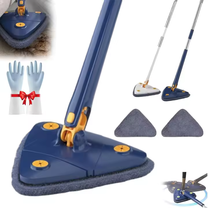 Trapeador Upattend resistente, trapeador triangular Upattend con almohadillas reutilizables, trapeadores de limpieza ajustables y giratorios de 360°, trapeadores de limpieza húmedos y secos con escurrido automático para paredes y techos (azul, 2 trapos) - 1