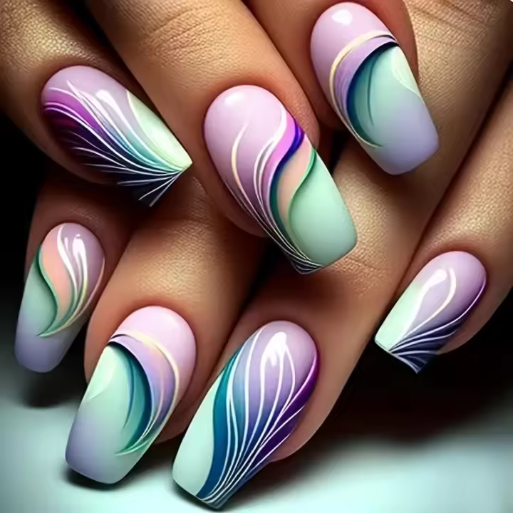24 Piezas De Arte De Uñas Con Gradiente Suave Y Colores Soñados Como Ondas Dinámicas Para Manicura Press on Francés Material De Resina Origen China - 1